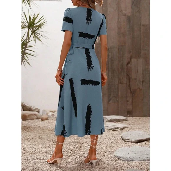 minimalist Brush Print Knot Side Wrap midi Dress black white - Picture 9 of 12